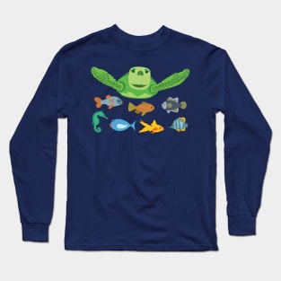 Happy Sea Turtle and Fish Swimming in the Sea Long Sleeve T-Shirt